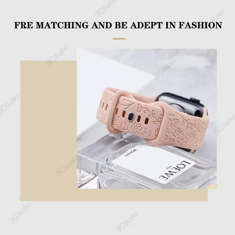 Rose Engraved Silicone Watch Band - 18mm, 20mm, 22mm