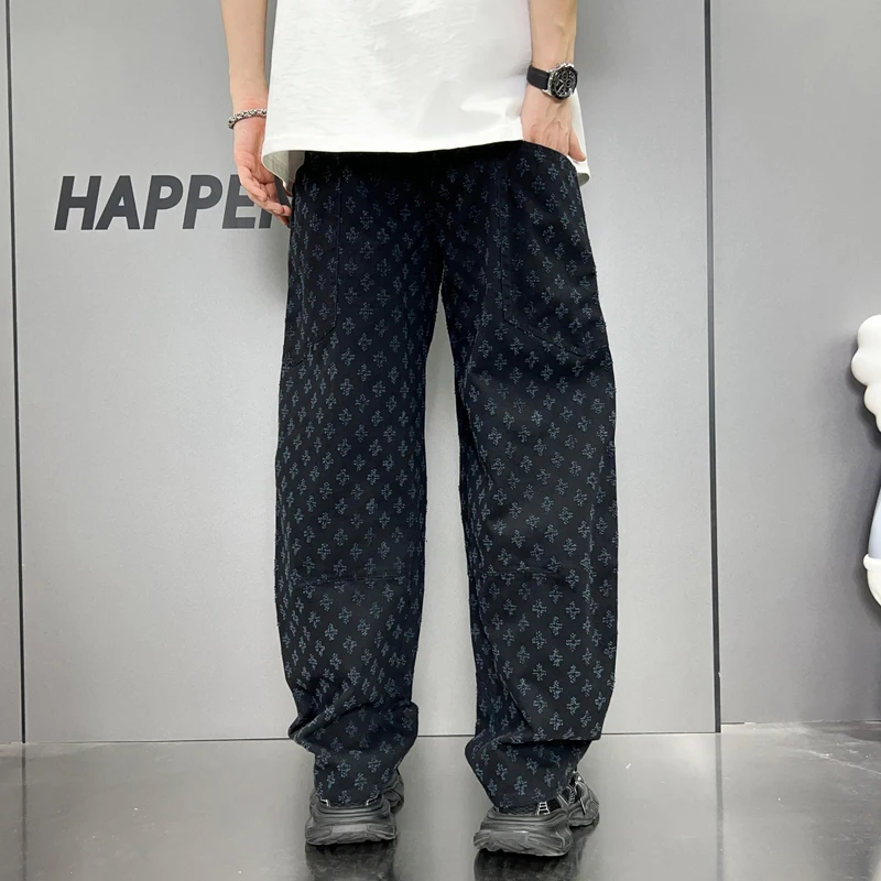 5 Color fashion high-end hip hop jeans men's high streetinsfashion printing street cool loose straight-leg wide-leg pants