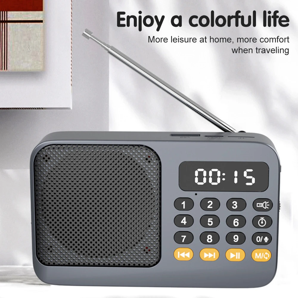 휴대용 FM 라디오 핸드헬드 충전식 LCD 디지털 FM USB TF MP3 음악 플레이어(손전등 포함) 무선 블루투스 스피커