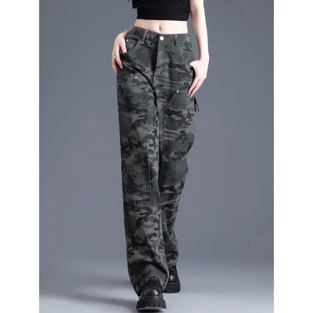 Autumn 2023 Women's Fashion Army Green Camo Work Jeans Loose Relaxed Straight Leg Wide Leg Comfortable Versatile Pants