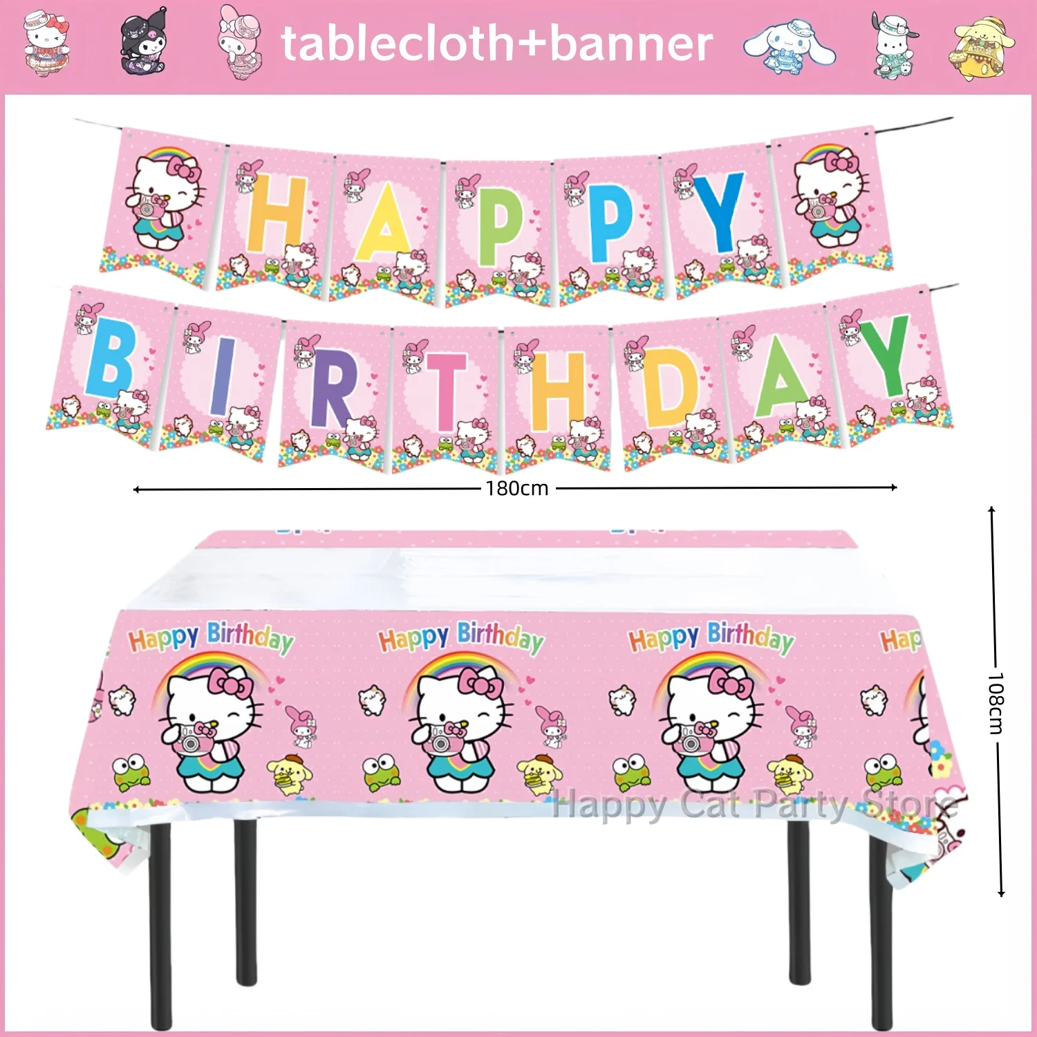 Mantel de Hello Kitty, pancarta de feliz cumpleaños, decoración para fiesta de cumpleaños, bandera de Kuromi, mantel de Cinnamoroll, regalos para niñas, suministros para fiestas