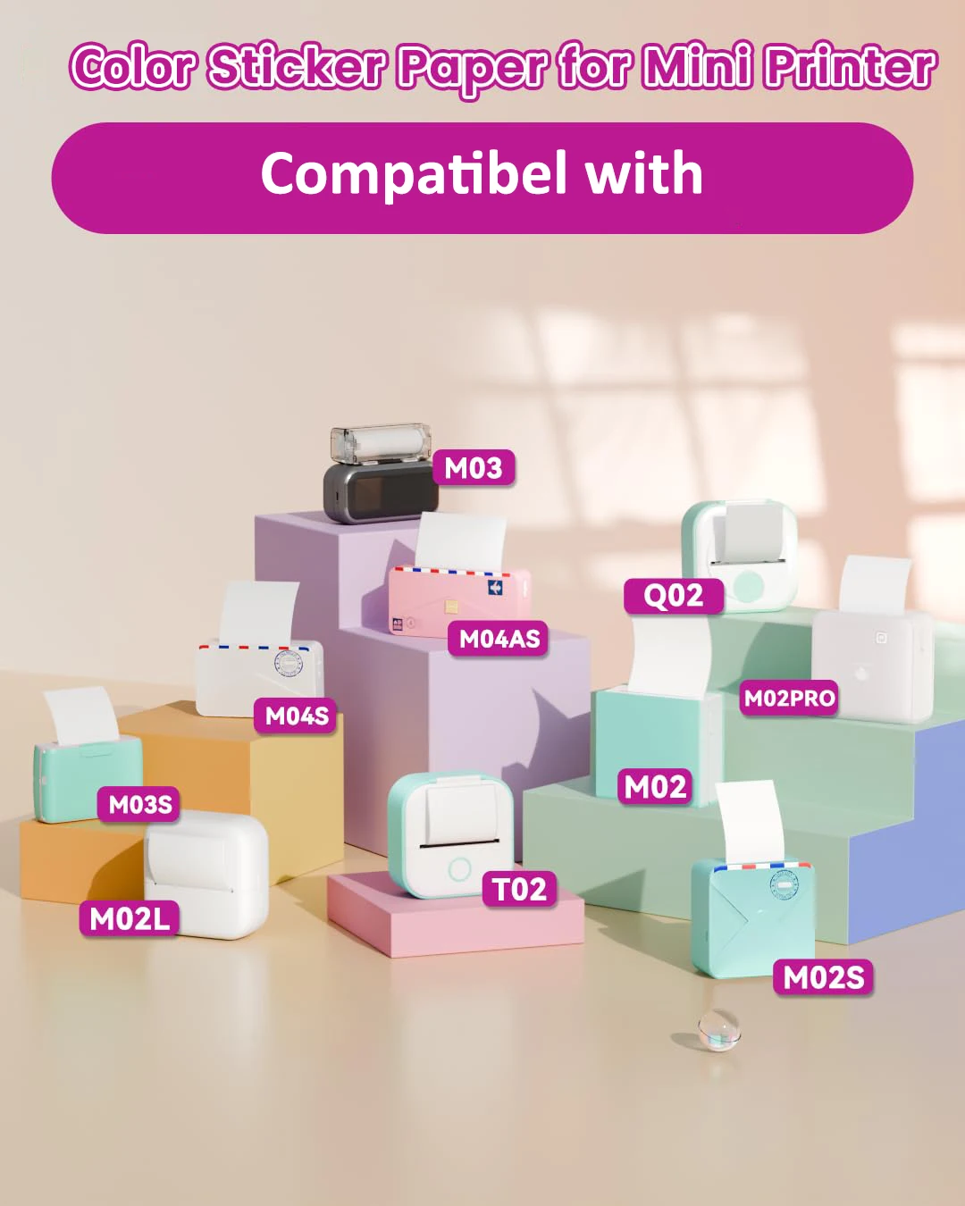 T02 3-Rolls Thermal Stickers Colorful/Self-Adhesive/Non-Adhesive/Transparent Mini Printers Journal/Study/DIY/Gifts/Travel/Party