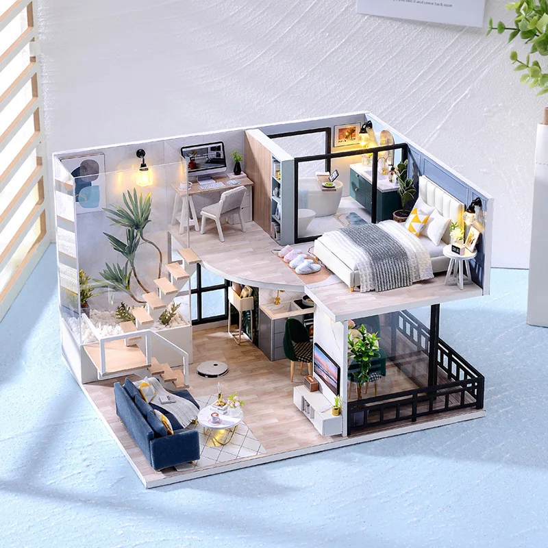 DIY Wooden Miniature Model Kit Girls Modern Loft Casa Doll Houses 3D Puzzle Dollhouse With Furniture LED Lights for Friends Gift 2
