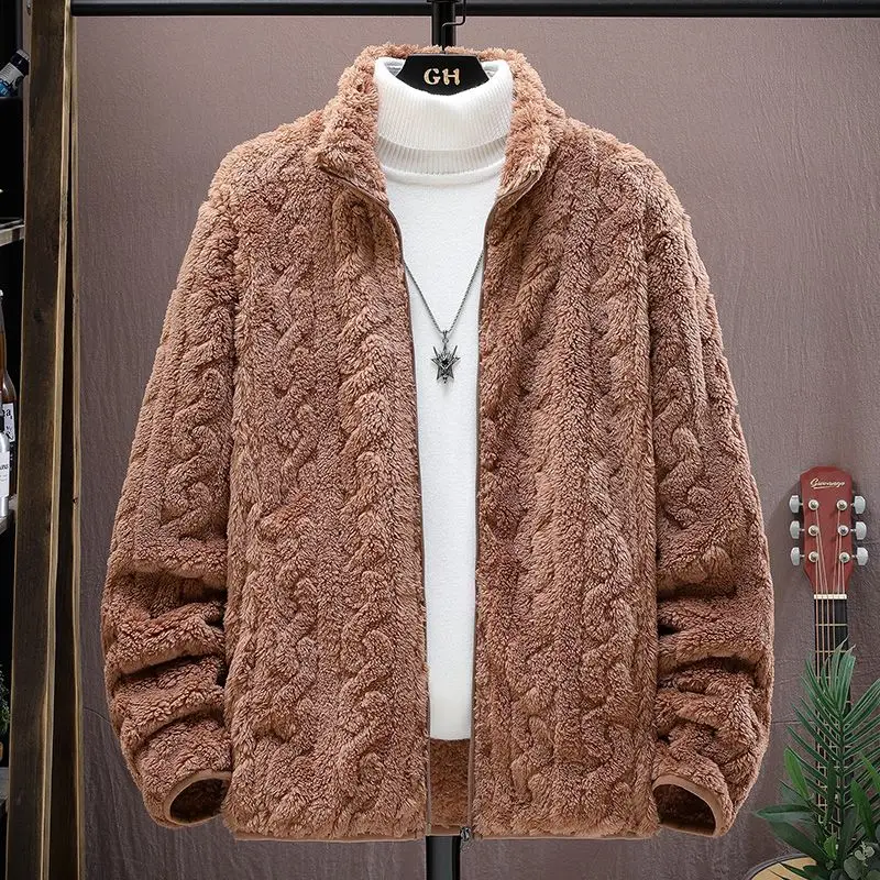 Men's Stand Collar Autumn Winter New Coral Velvet Thick Solid Color Twists Long Sleeve Loose Zipper Casual Cardigan Coats Tops american style tie dye twists round neck knitwear men and women autumn winter loose vintage couple sweaters oversized pullovers