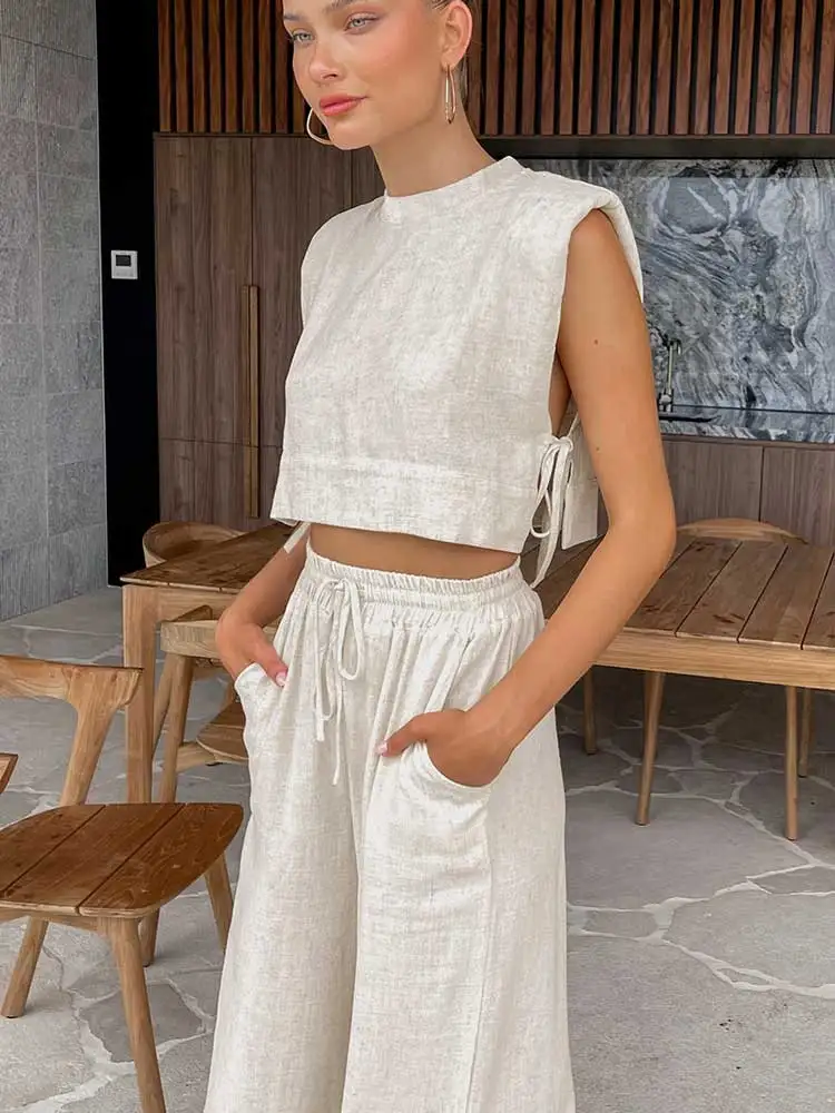 Boho Inspired Pants set women cropped top long pants solid color