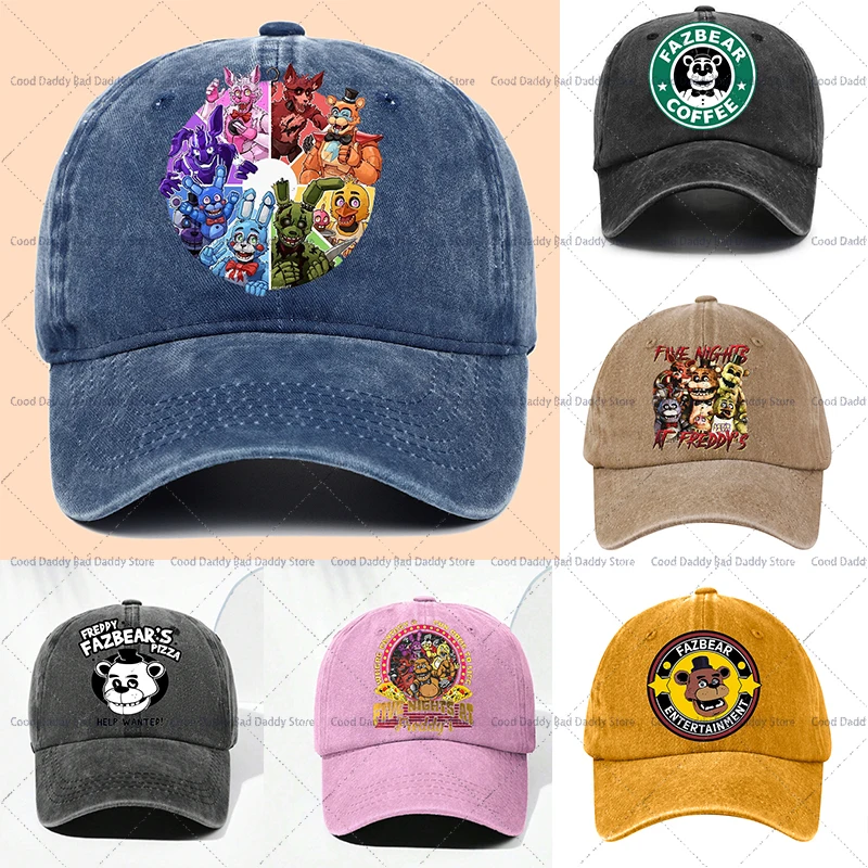 Vintage Washed Cartoon Baseball Cap with Five Nights at Freddy's Print