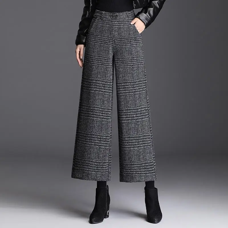 Pantaloni di lana da donna autunno inverno nuova tasca scozzese moda coreana addensare pantaloni a vita alta dritti a gamba larga alla caviglia 1