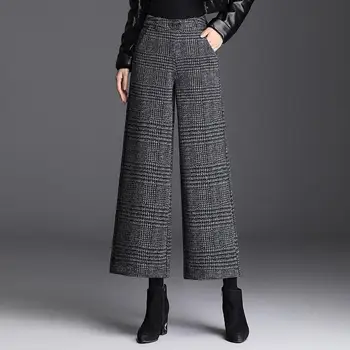 Pantaloni di lana da donna autunno inverno nuova tasca scozzese moda coreana addensare pantaloni a vita alta dritti a gamba larga alla caviglia 1
