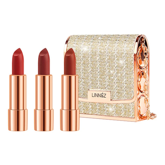 Matte Lipstick Set 3 Colours with Silver Chain Shining Bag Waterproof Non-Stick Long Lasting Red Lip Makeup 3.5gx3pcs