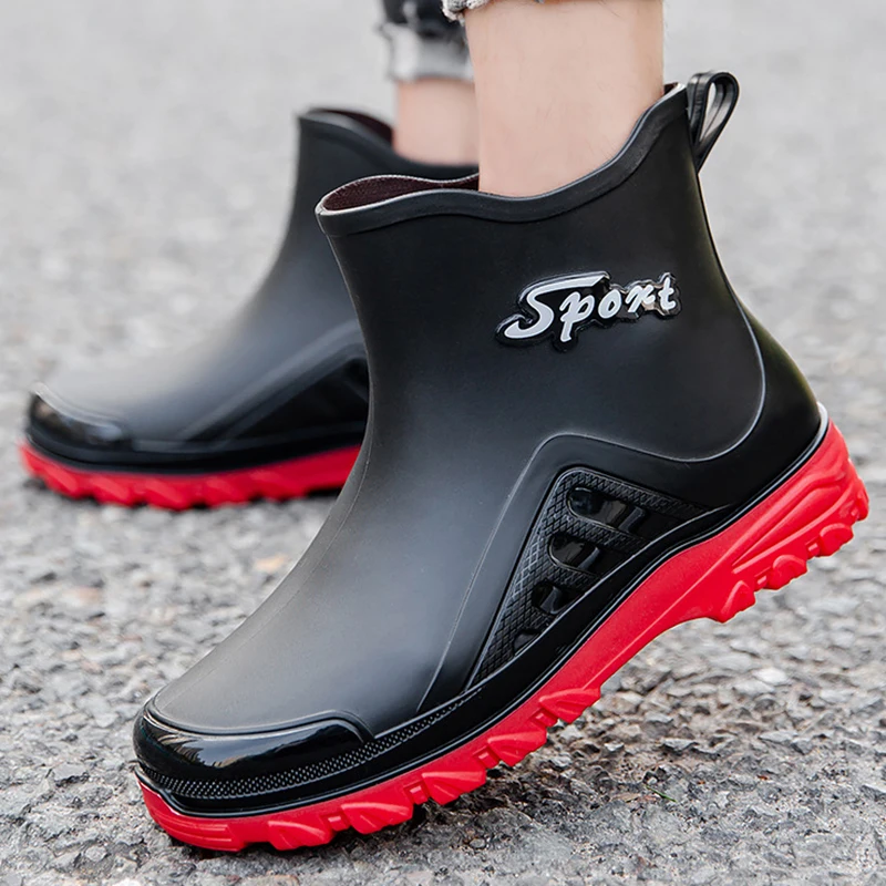 Men Rainboots Waterproof Rain Boots Ankle Water Shoes PVC Fashion Outdoor Flat Non-Slip Fishing Work Boots Man Ankle Rainboots