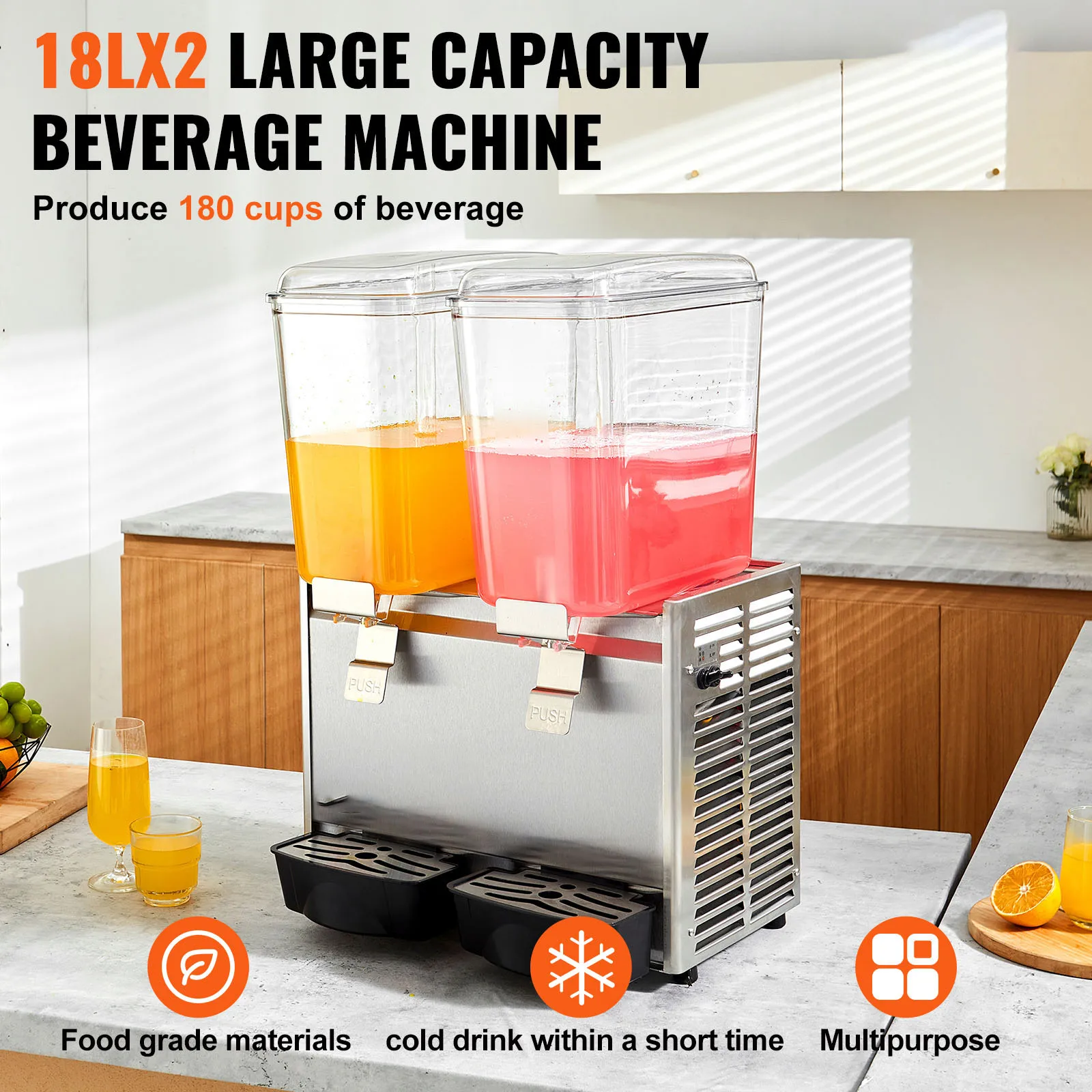 VEVOR Commercial Beverage Dispenser, 18L X 2 Tanks Ice Tea Drink Machine, 590W 304 Stainless Steel Juice Dispenser, for Party 2