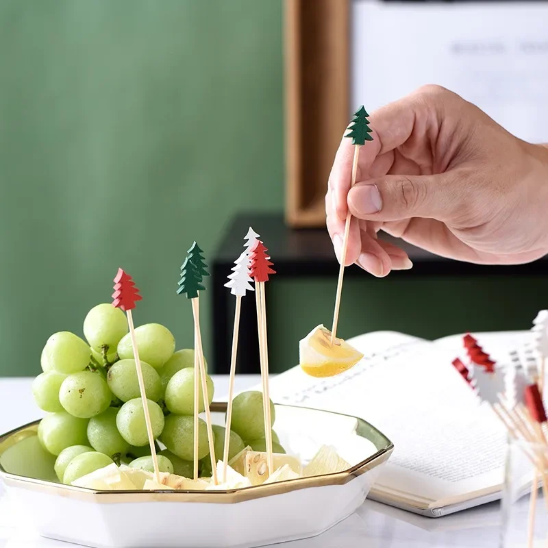 50pcs Christmas Bamboo Skewer Cocktail Picks Cupcake Topper Disposable Food Dessert Toothpicks Fruit Sticks