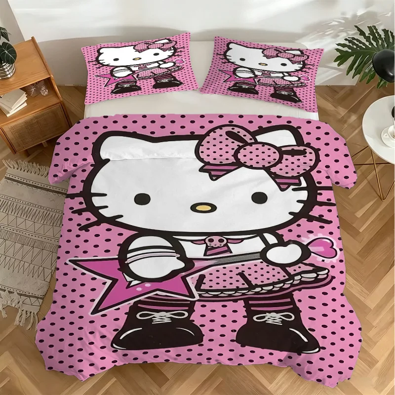 Hello Kitty Bedding Set 3PcsPink Swirl Print Duvet Cover with PillowcaseAnime Cartoon Bed Linen for Girls Kids Bedroom Decor 4