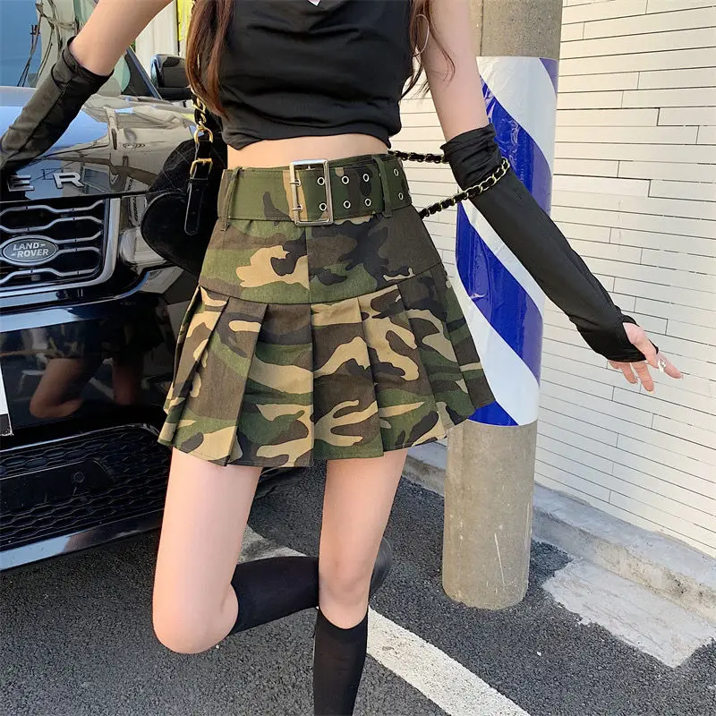 

[Free Belt] Y2k Harajuku Retro women's Skirt Army Green Camouflage High-waisted Slim Mini Skirt Chic Safari A-line Pleated skirt