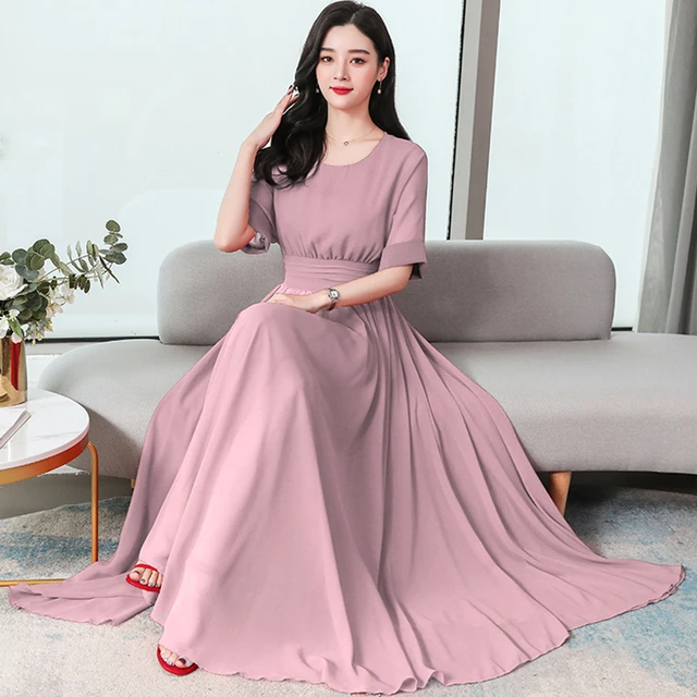 Womens Casual Formal Plus Size Dress Korean Fashion Pink Party