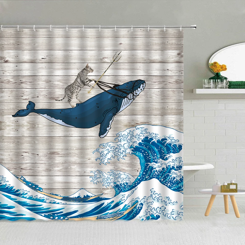 

Funny Marine Animals Shower Curtain Cat And Whale Adventure Sea Waves Wood Backdrop Bath Decor Dolphin Mermaid Hooks Curtains
