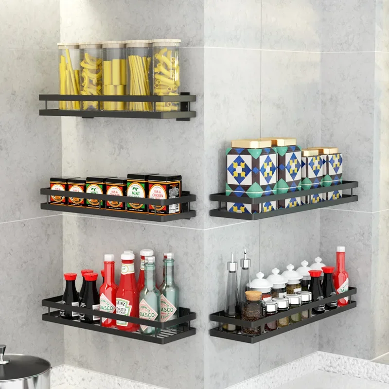 

Bathroom Punch-free Carbon Wall Kitchen Seasoning Steel Spice 20/25/30/35/40/50cm Corner Rack Storage Shelf Hanging