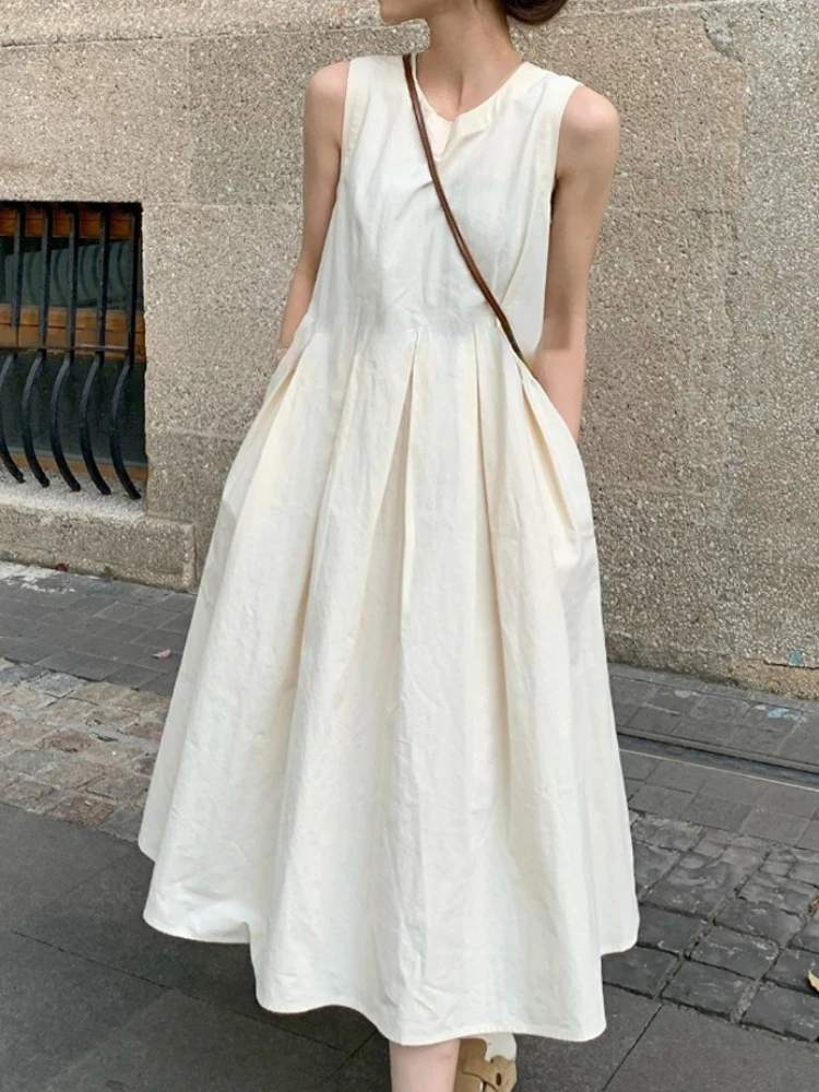 2024 Spring Solid Elegant Sundresses French Y2k Dress Korean Fashion O Neck Midi Dress Office Women