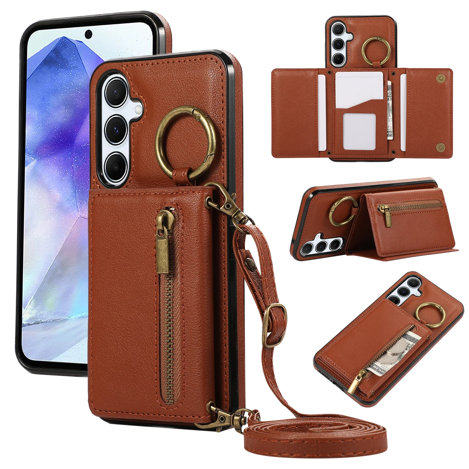 Elegant Leather Crossbody Wallet Case with Zipper and Card Slot