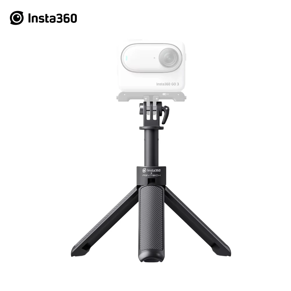 Mini trépied Insta360 posé sur une table avec une action caméra en équilibre
