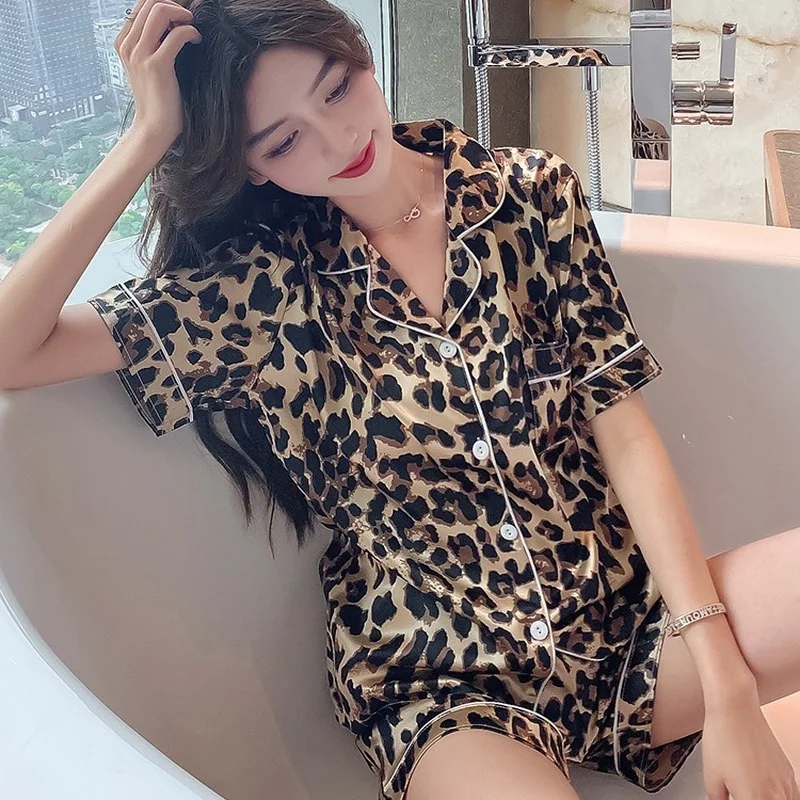 Tanie Nowy jedwab piżama dla kobiet słodki Leopard piżama kobieta eleganckie