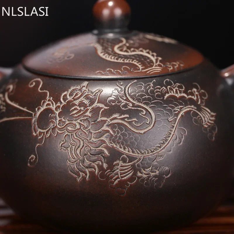 Chinese Hand Carved Dragon Pattern Yixing Purple Clay Teapot Pure Handmade Colourful Mud Painted Xi Shi Pot Ball Hole Filter