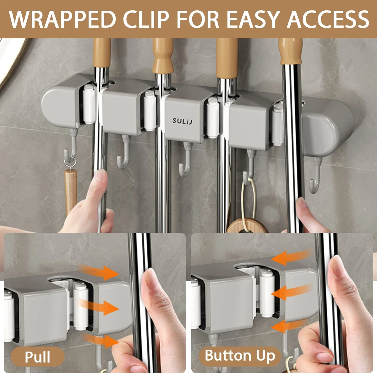 1PCS Mop and Broom Holder Wall Mounted Organizer No Drilling Self-Adhesive Storage Tool Rack with 5 Hooks Mop Holder Hanger