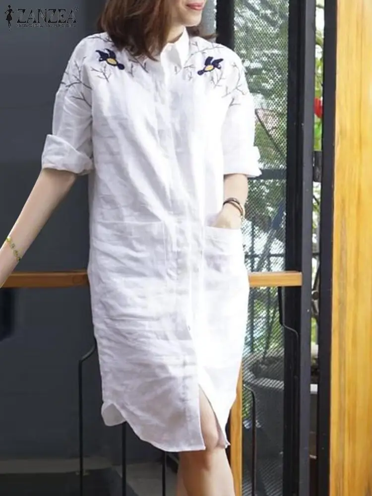 

ZANZEA 2023 Autumn Floral Embroidery Sundress Casual Loose Work Vestido Kaftan Vintage Women Lapel Neck Long Sleeve Shirt Dress