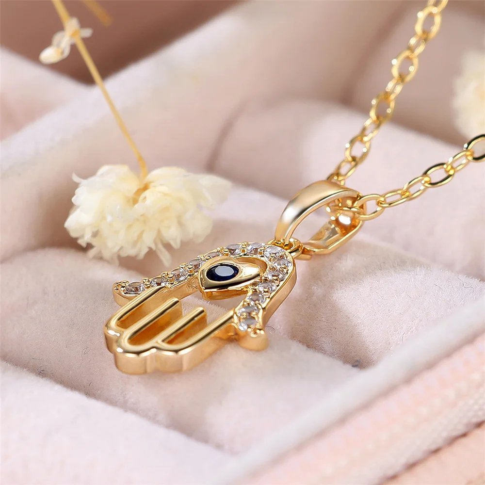 Luxury Female Crystal White Blue Zircon Stone Hand Pendant Necklace Vintage Gold Color Wedding Jewelry For Women