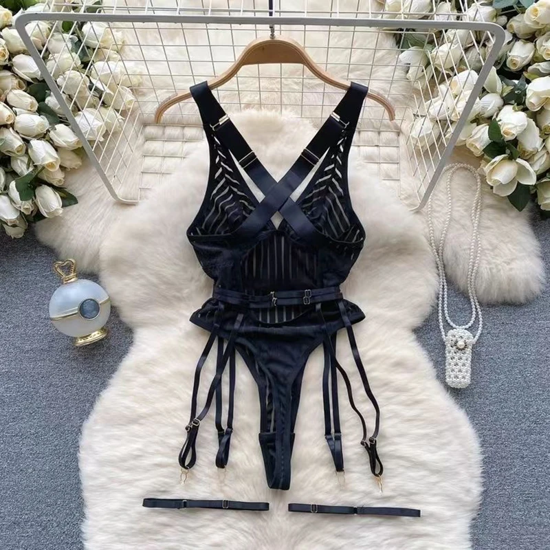 Ženy řemen dutý vyndat backless francouzský styl pruhované erotická playsuits štíhlý spodky černá dámské prádlo sexy bodysuits