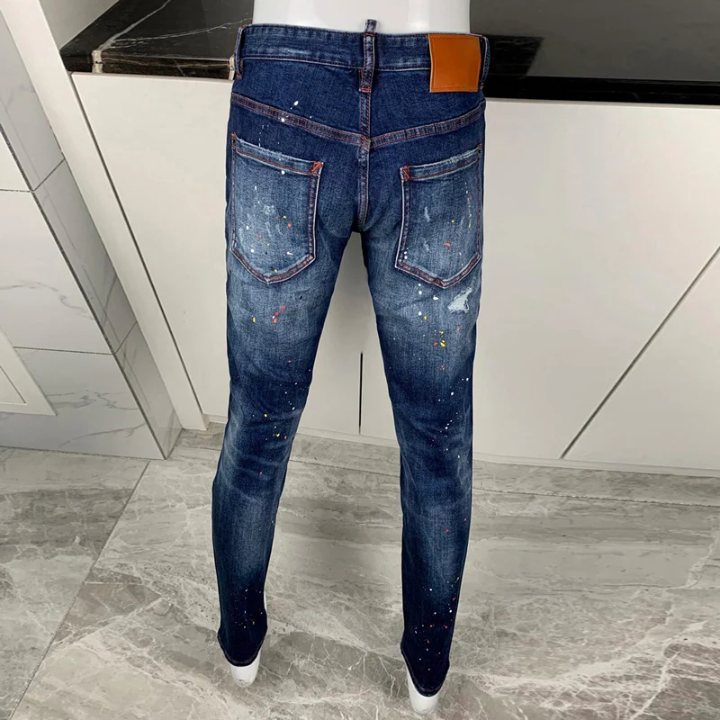 High Street Fashion Men Jeans Retro Blue Stretch Elastic Slim Fit Ripped Jeans Men Painted Designer Hip Hop Brand Pants Hombre