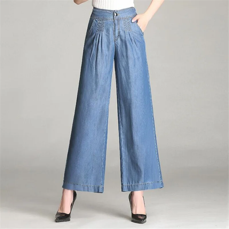 

Summer New Style Tencl Jeans Female Thin High Waist Wide Leg Straight Pants Women Casual Trousers S