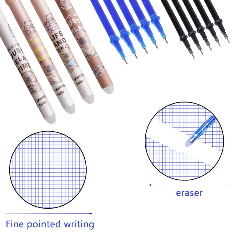 14pcs/set Cute Brown Bear Erasable Gel Pens Fine Tip - 0.5mm, Blue/Black Erasable Ink Pen Refills Rods Washable Handle Supplies 3