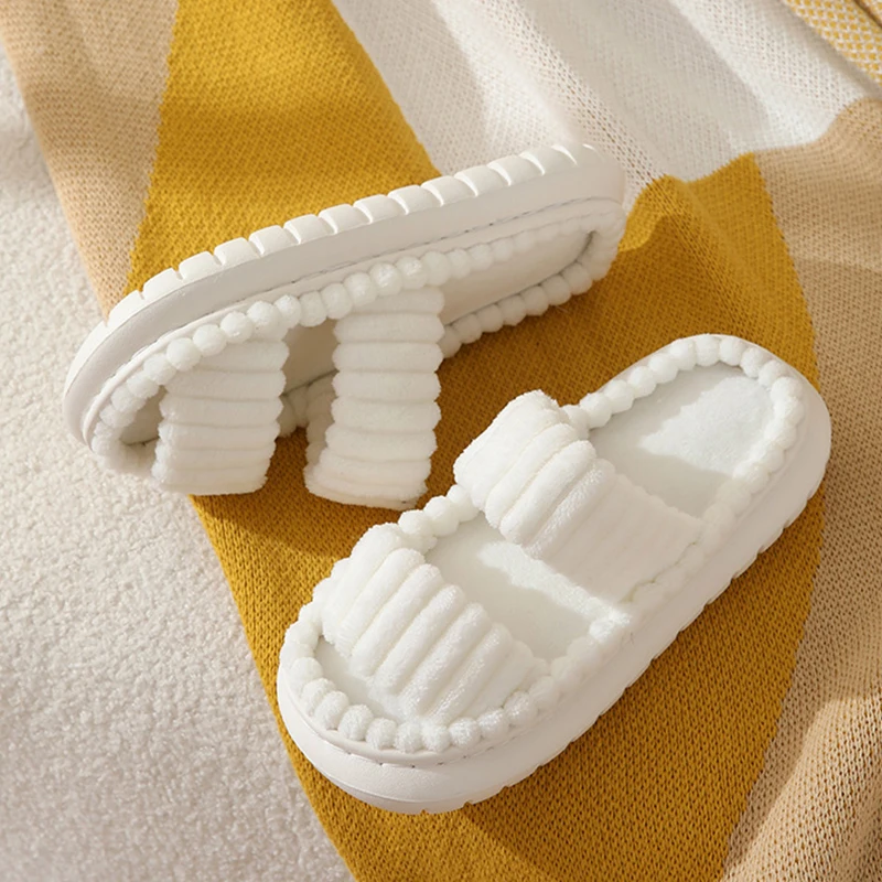 Double Straps Women's Home Slippers Fashion Corduroy Thick Bottom Cotton Slippers for Women Non Slip Indoor Bedroom Warm Slides