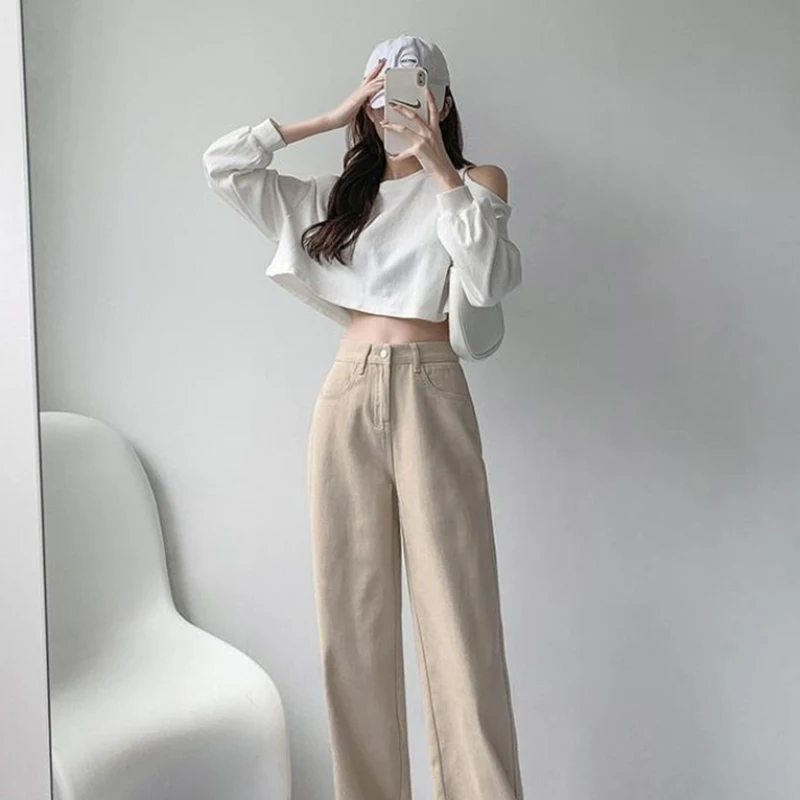 

Lady's Style Elegant Fashion Temperament Straight Jeans Women Look Thin and Tall High Waist Casual Wide Legs Khaki Popular Y2K
