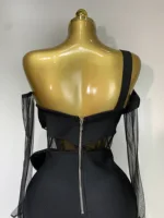 Women Sexy One Shoulder Bow Mesh See Through Bandage Bodycon Dress With Gloves Black Sleeveless Elegant Party Birthday Dresses 6