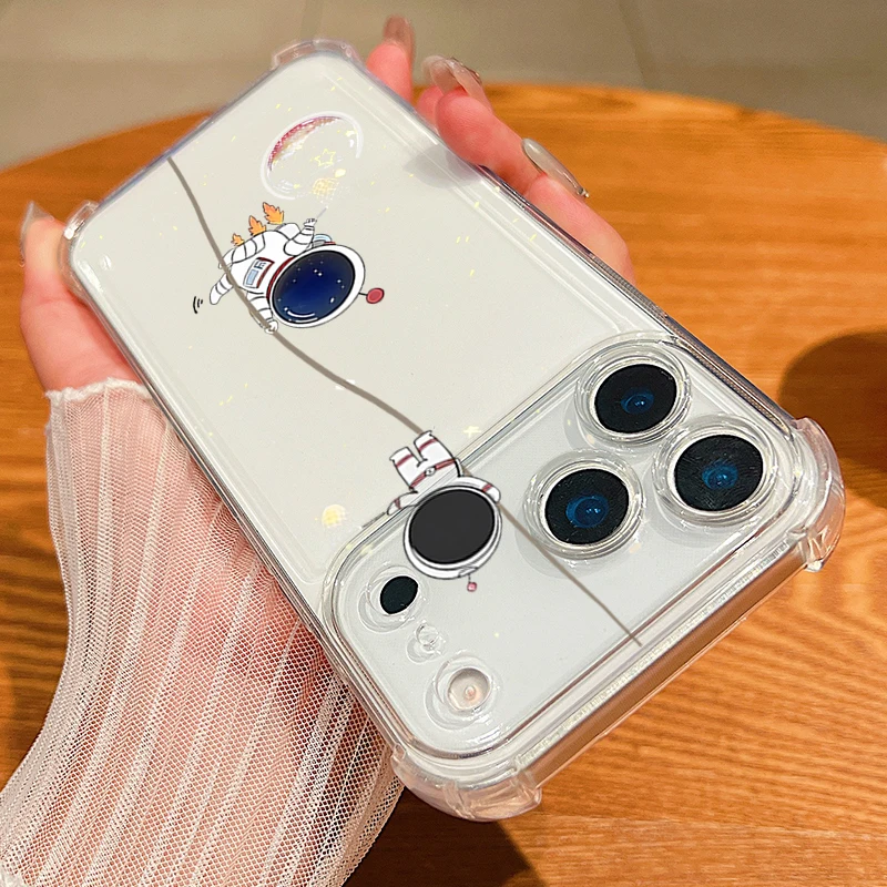 Astronaut Design Shockproof Clear TPU Phone Case with Card Slot Pocket