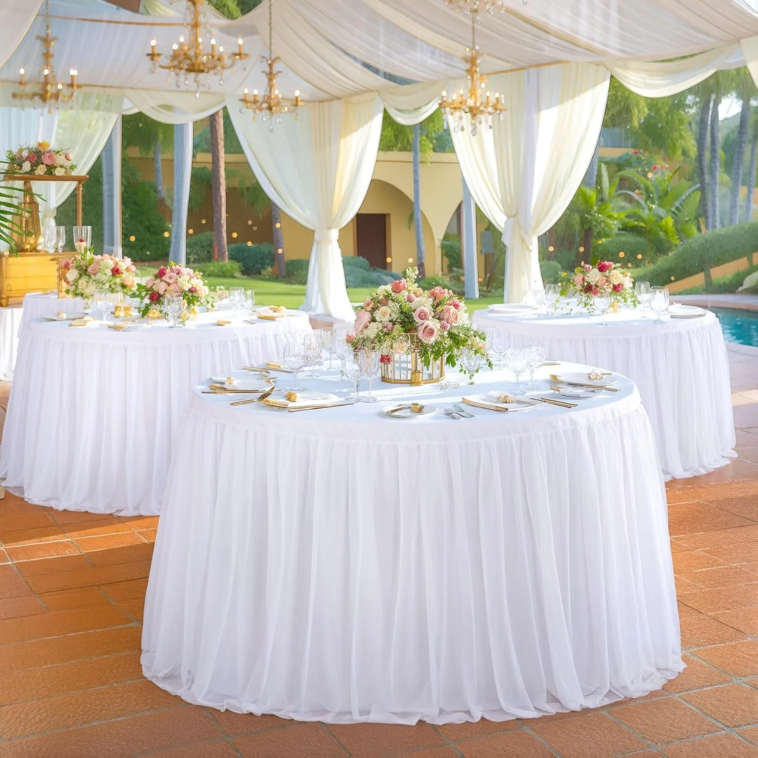 Round Tulle Table Skirt for Wedding Party Table Skirt Spandex Stretch Fitted Cover for Baby Shower Banquet Decoration