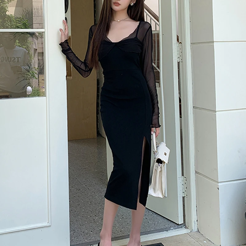 

Casual Party Solid Club Dress Lady 2023 Summer Slim Hollow Hip-Wrap Sexy Dress Fashion Mesh Slip Dress Two Pieces Set Robe 27452