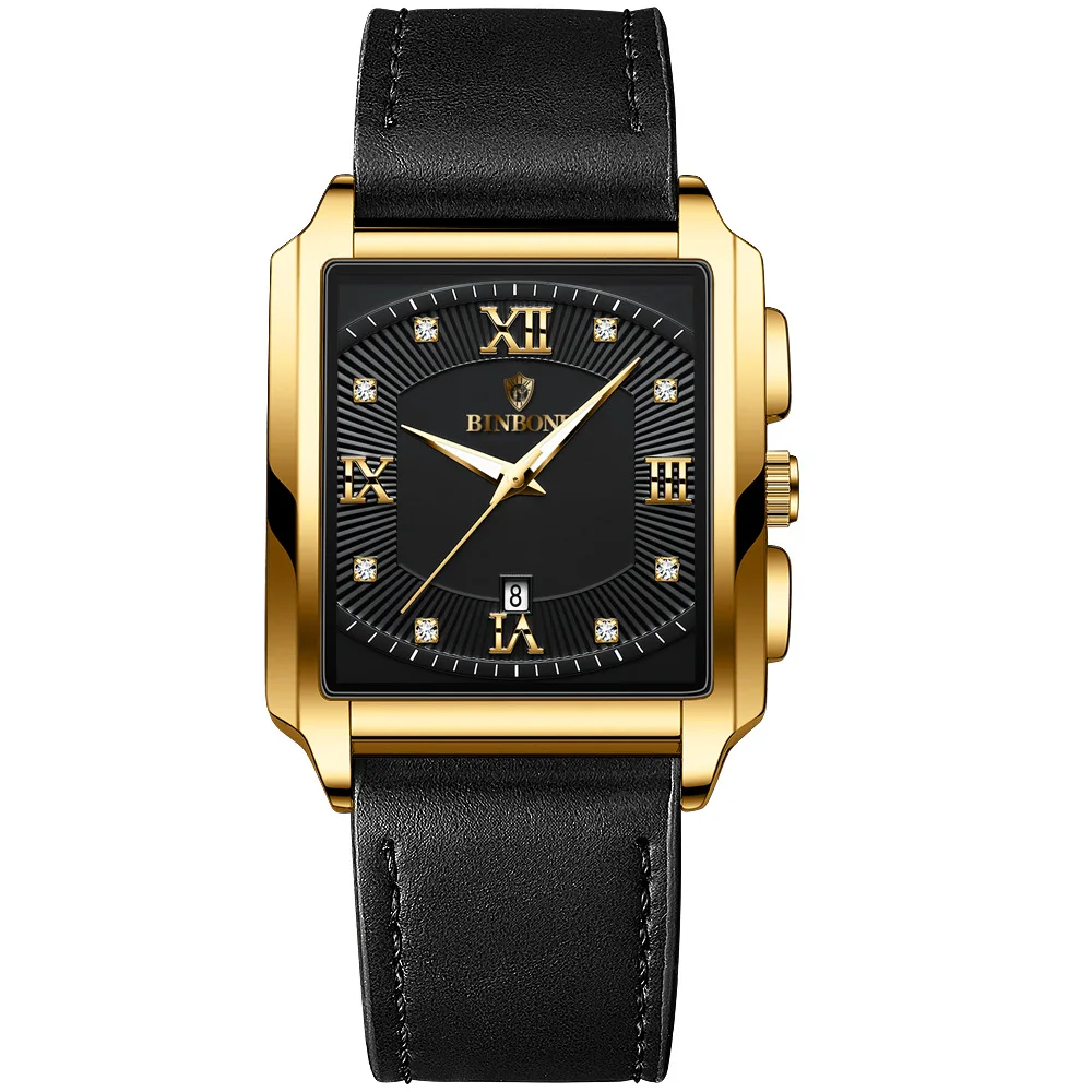 

BINBOND Luxury Leather Strap Wristwatch Diamond Dial Luminous Pointer Date Male Clock Fashion Gold Business Quartz Men's Watches