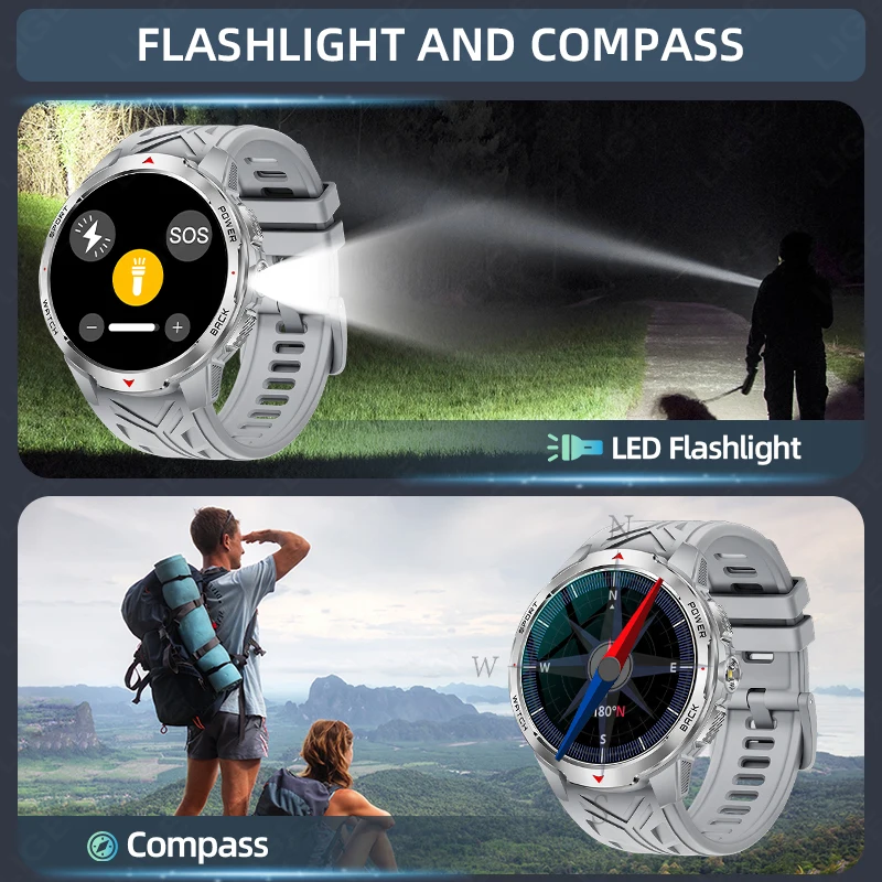 LIGE 1100mAh Super Capacity Battery Smart Watch Men Compass Flashlight 1.7" HD Bluetooth Call 3ATM Sport Military Smartwatch NEW