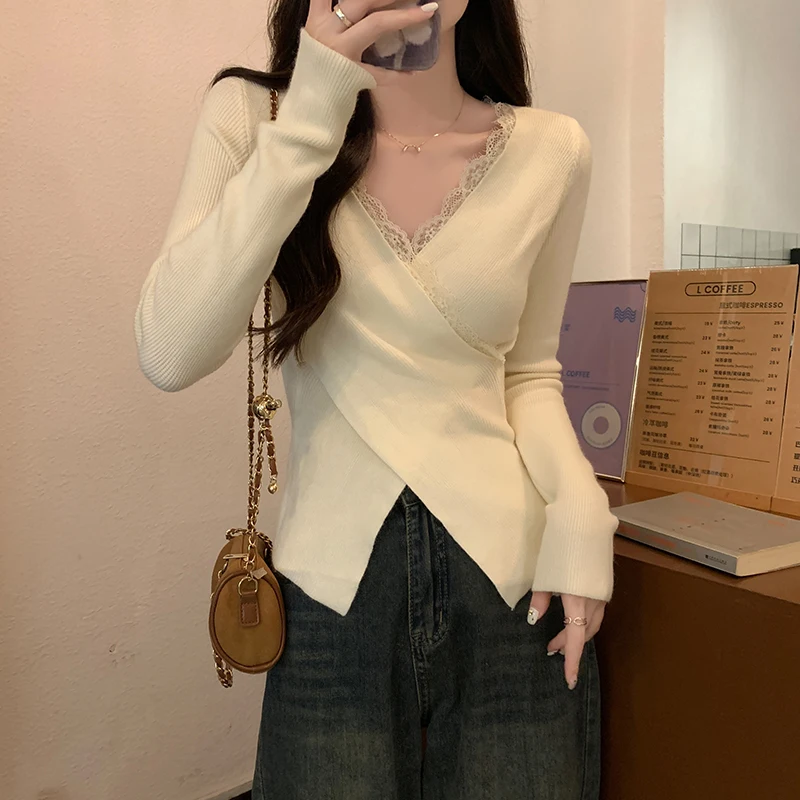 

Autumn Women Slim Crossed V-Neck Lace Side Full Sleeve Knit Stretchy Basic Tops Female Bodycon Elegant Pullover Tee