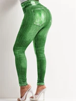 Plus size women's leggings with denim print and line pattern, showcasing a fashion-forward and casual high-stretch knitted pants - Image 3