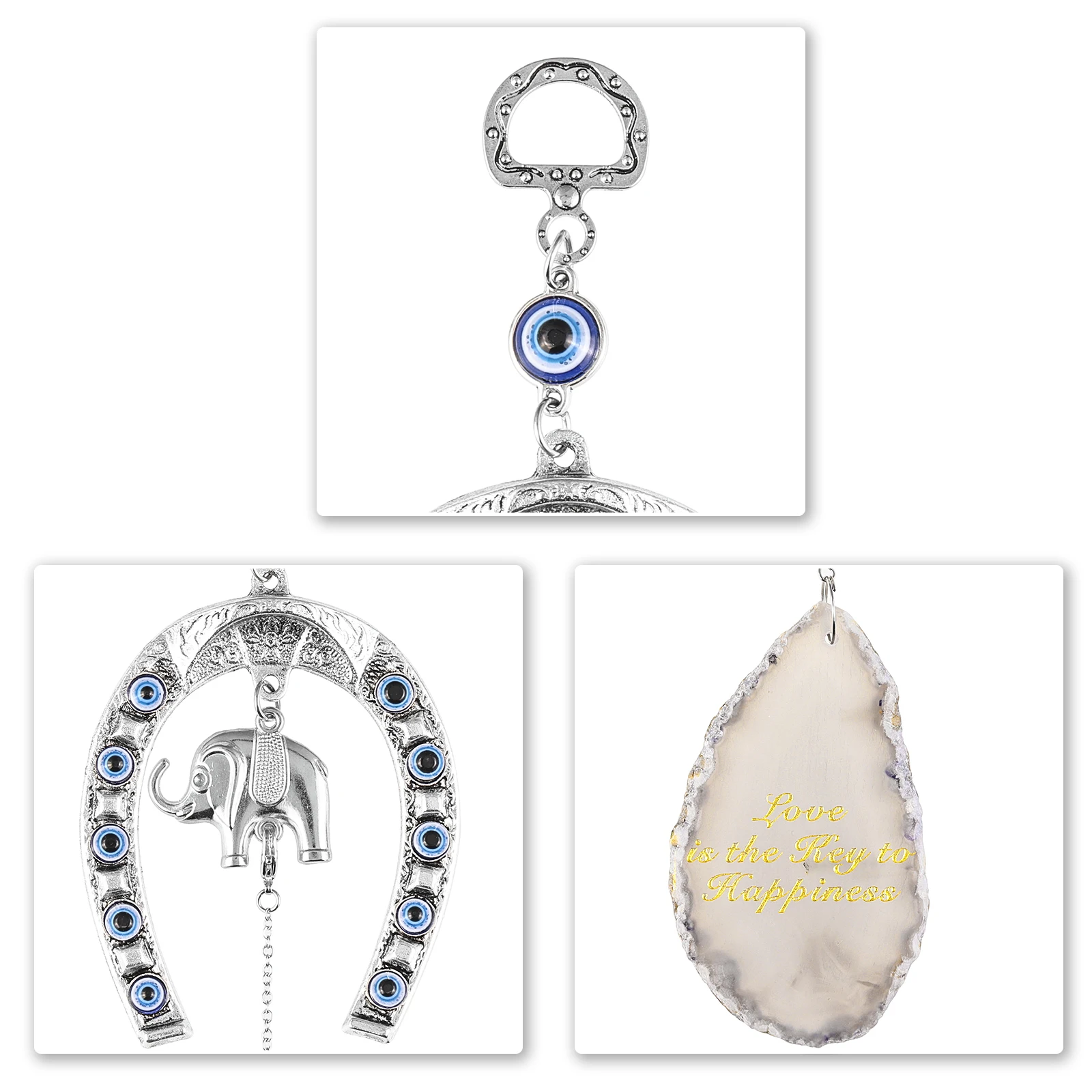 Engraved Agate Slice With Metal Elephant Evil Eye Hanging Ornaments Wind Chimes For Window Wall Door Home Decor