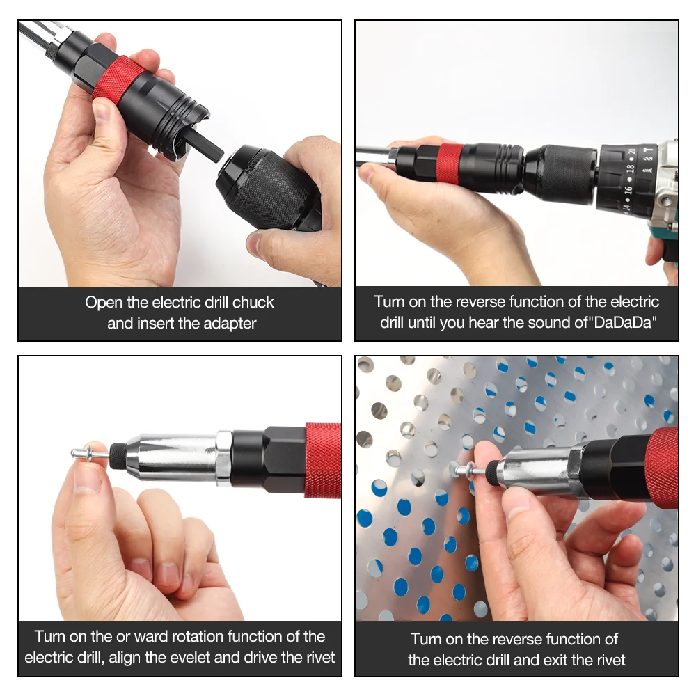 Electric Rivet Gun Adapter 2.4mm-3.2mm-4.0mm-4.8mm-6.4mm Home Rivet Gun, Aluminum Alloy Riveting Tools, Cordless Machine