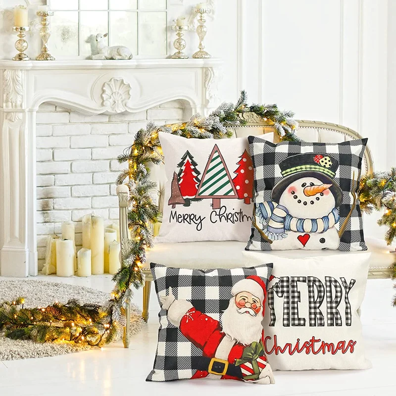 

Christmas Pillow Covers 18X18 Set Of 4 Christmas Decorations Farmhouse Throw Pillows Snowman Cushion Case For Home Decor