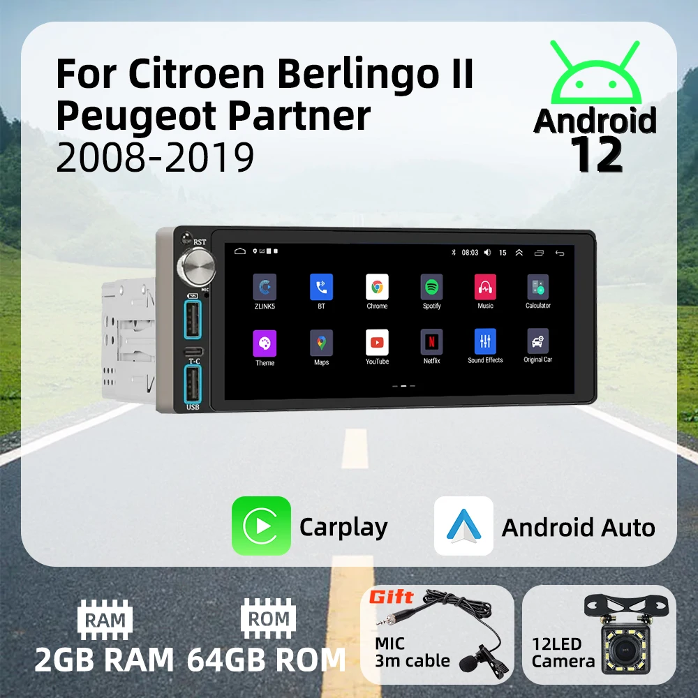 

Wireless Carplay Autoradio 6.86" 1 Din Radio Android Car Multimedia for Citroen Berlingo II Peugeot Partner 2008-2019 Head Unit