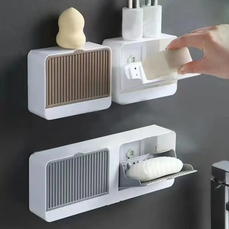 Soap Holder Box With Lid Multifuction Punch-free Bathroom Accessories Soap Box Home Appliance Soap Dish Double Grids Drain Rack 1