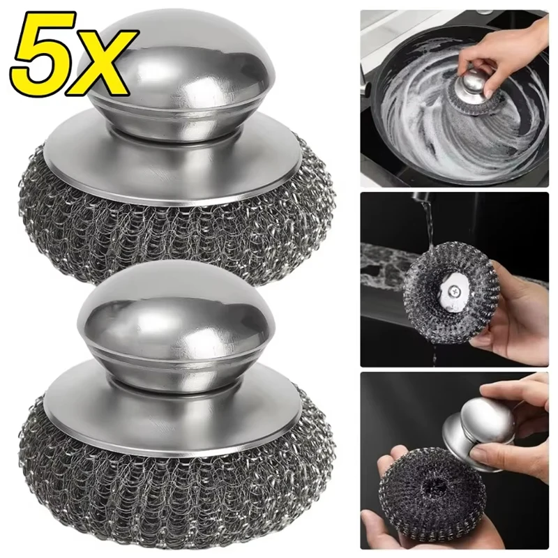 5/1Pcs Pot and Dish Brush Stainless Steel Round Handle Steel Ball Kitchen Pot Brush Kitchen Cleaning Brush Kitchen Cleaning Tool Household Rust Removal Scrubber