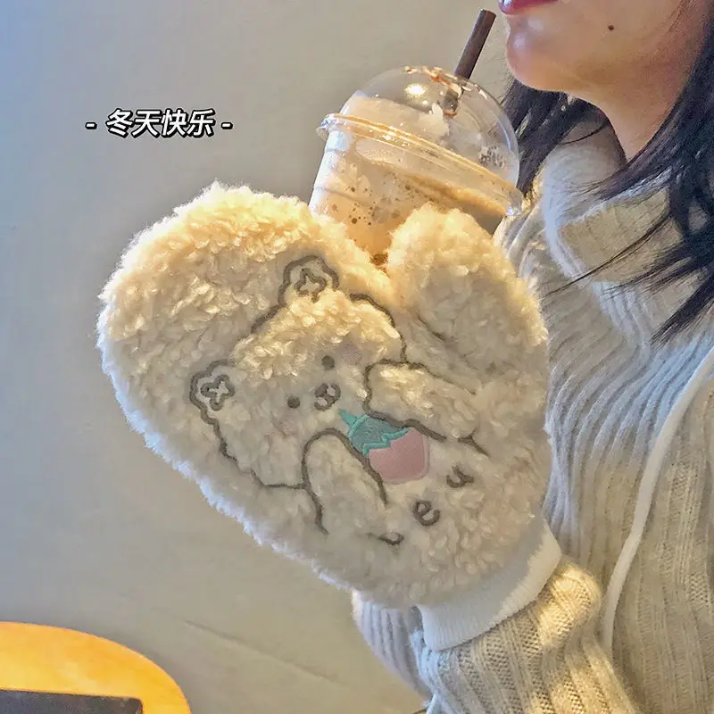 New Cute Bear Soft Plush Gloves Women Winter Warm Thicken Fingerless Mittens Outdoor Warmer Hand Guards Girls Christmas Gifts